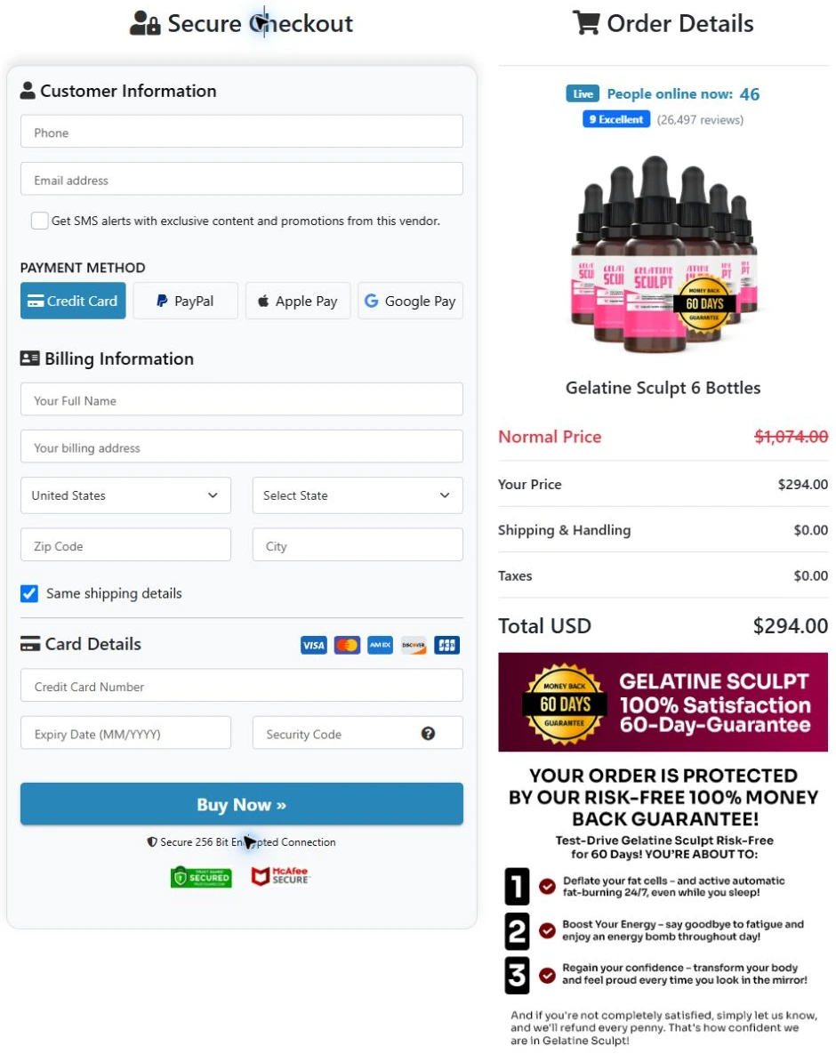 Gelatine Sculpt checkout reference showing a six-bottle selection