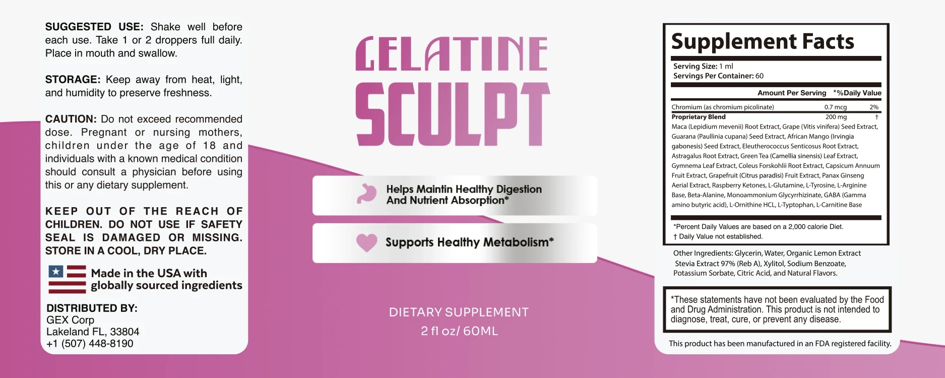 Gelatine Sculpt complete ingredient and usage label